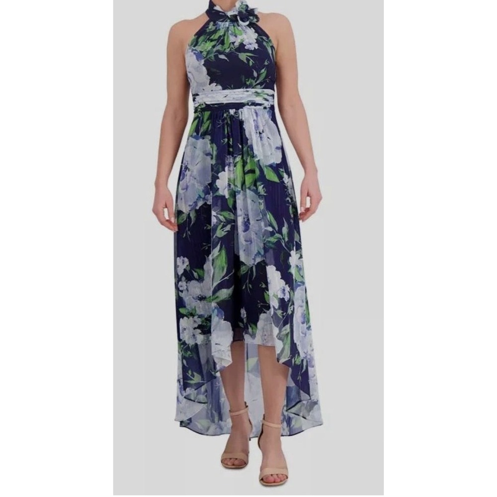 Eliza J Dress Women 8 Blue Floral Chiffon Metallic High Low Wedding garden party